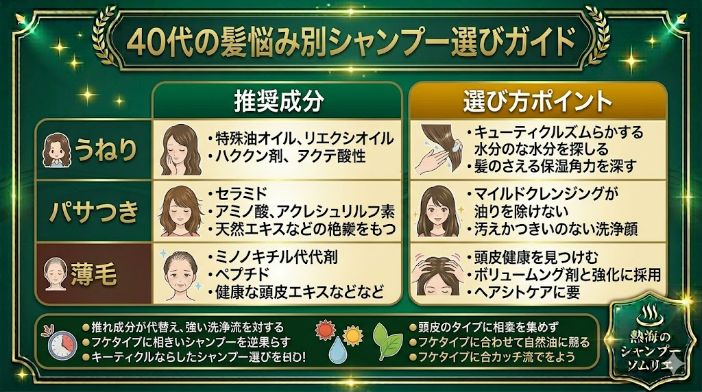 40代のシャンプー選び方完全ガイド｜うねり・パサつき・薄毛が気になり始めたら