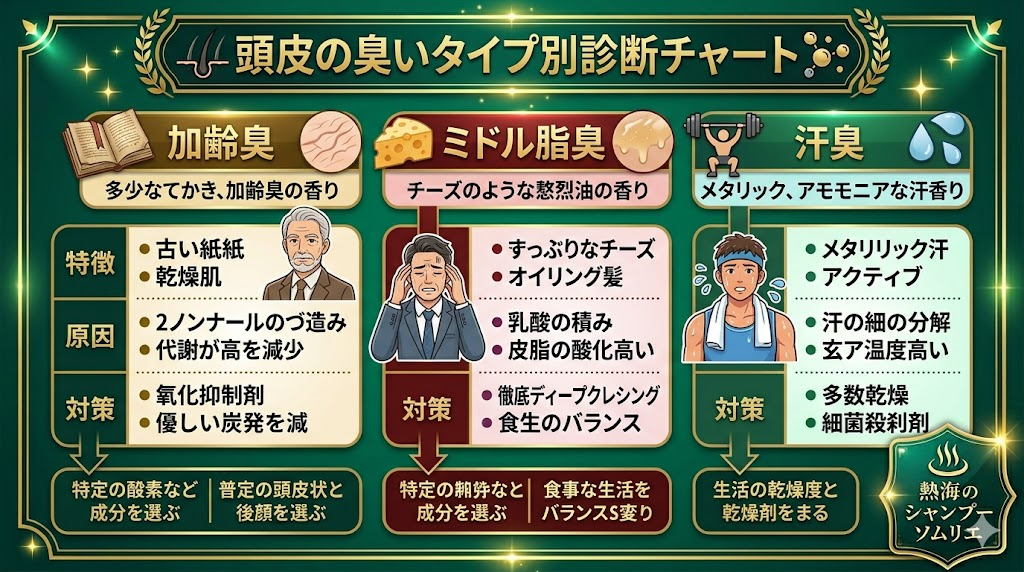 頭皮の臭いの原因と対策｜加齢臭・ミドル脂臭・汗臭の違いとシャンプー選び